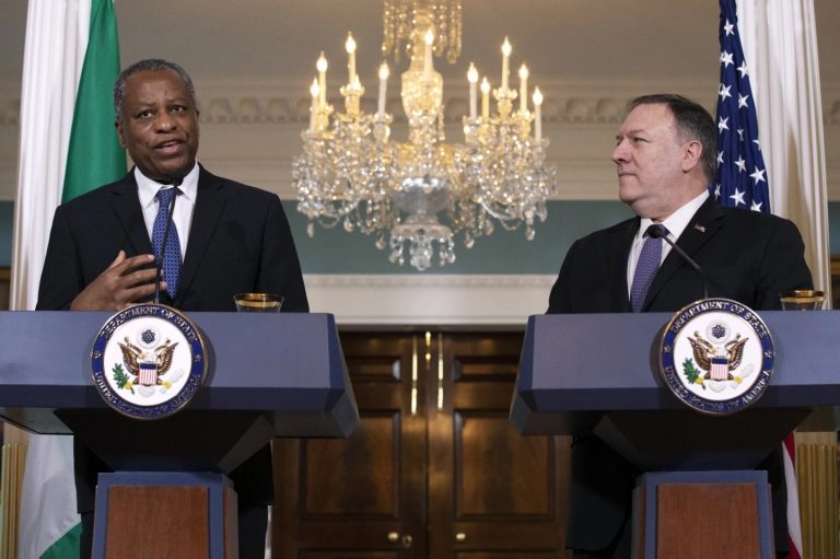 Minister of Foreign Affairs, Mr Geoffrey Onyeama (left), with the U.S. Secretary of State, Mr Mike Pompeo, at the press briefing on Tuesday. Photo: AP