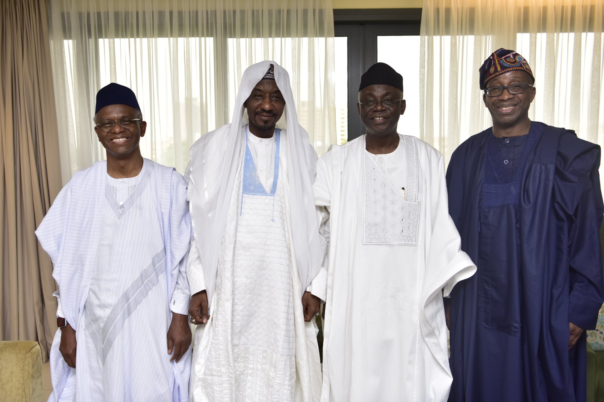 Tunde Bakare poses with Governor Nasir El-Rufai and Deposed Emir of Kano, Muhammad Sanusi