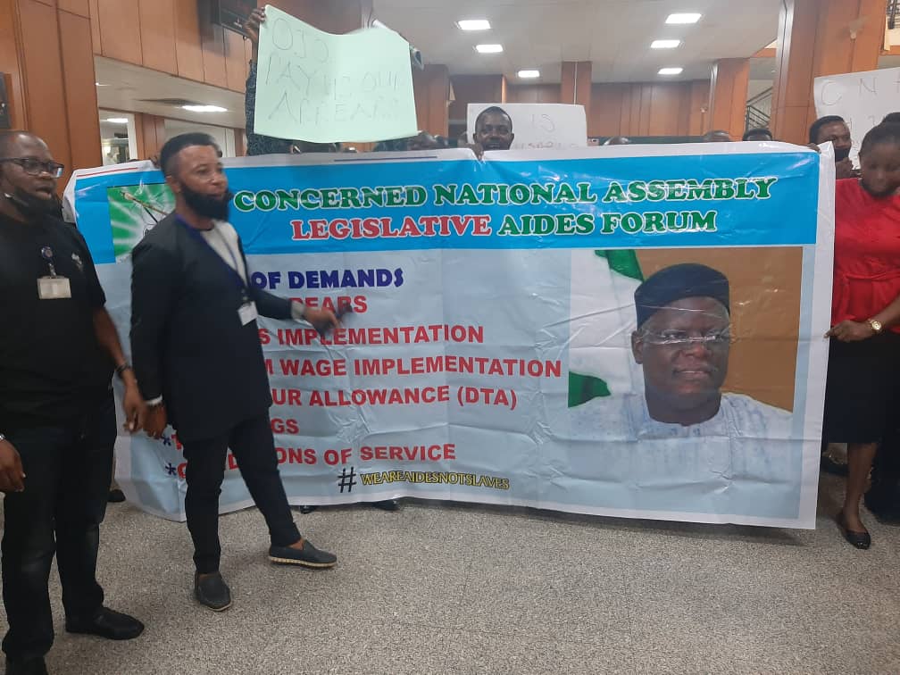 Legistlative aids protest at the National Assembly