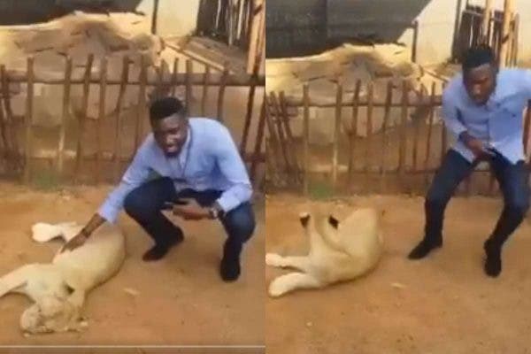 Timi Dakolo posing with a Lion