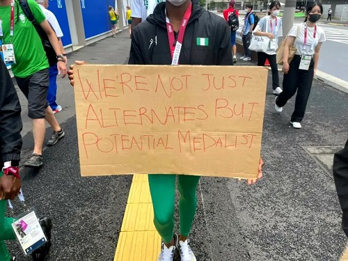 Nigerian athletes protest in Tokyo on Friday