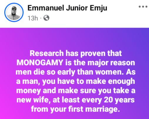 Las investigaciones han demostrado que la monogamia es la principal causa de muerte entre los hombres que entre las mujeres, dice un hombre nigeriano