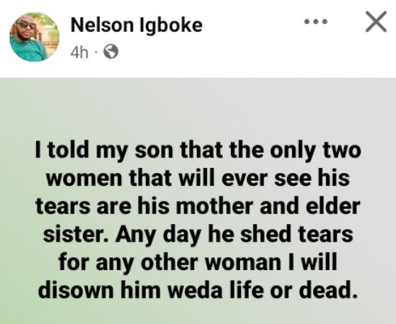 Rechazo a mi hijo el día que derrama lágrimas por cualquier mujer excepto por su madre y su hermana, dice un nigeriano