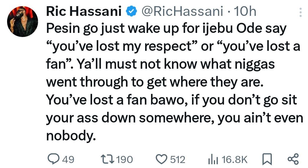 Nigerian singer Ric Hassani sparks debate with viral tweet challenging fan criticism