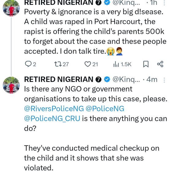 El niño R@ped y sus padres aceptaron 500.000 naira del presunto delincuente para detener el caso en Port Harcourt.