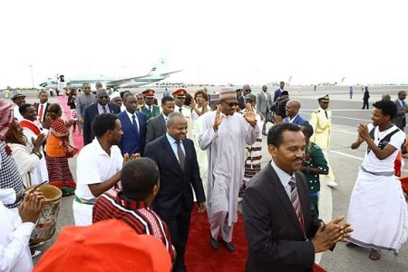 Wow! Buhari Receives Rousing Welcome As He arrives Addis Ababa for ...