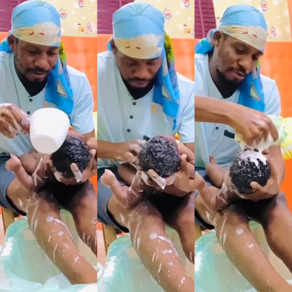 Actor Junior Pope Shares Heartwarming Video Of Himself Giving His Newborn Son A Warm Bath